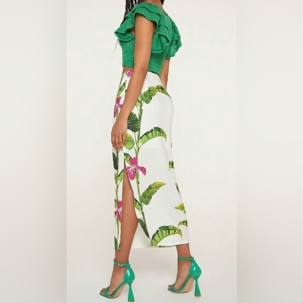 Bohemian Tropical Floral Print Skinny High Waist Split Thigh Skirt - Picture 4 of 10